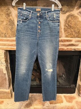 MOTHER, The Pixie Dazzler Ankle Fray, Button-Fly Distressed Jeans - Medium Blue